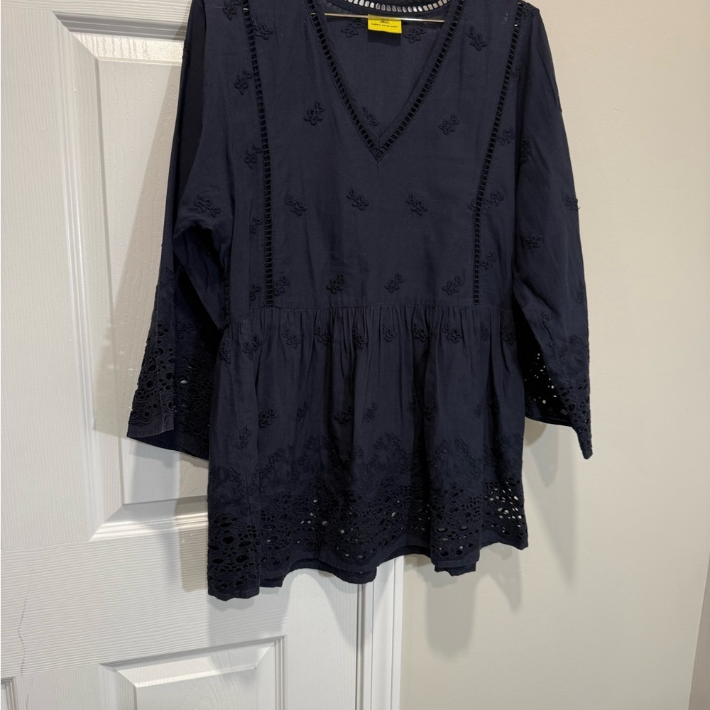 ROBERTA ROLLER RABBIT Gilda Top Navy Blue 3/4 Sleeve Cotton Blouse